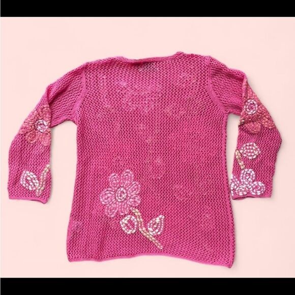 Y2K Sigrid Olsen Pink Knit Sweater w/ Floral Embroidery – Size S (2002) - Picture 2 of 8